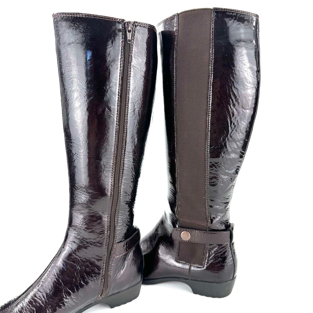 Sofft Brown Knee High Tall Boot Size 7M Patent Leather Low Heel Comfort Casual - Picture 11 of 13